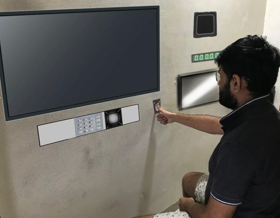 The wall-mounted reference in use — everything the user needs held in one plane.