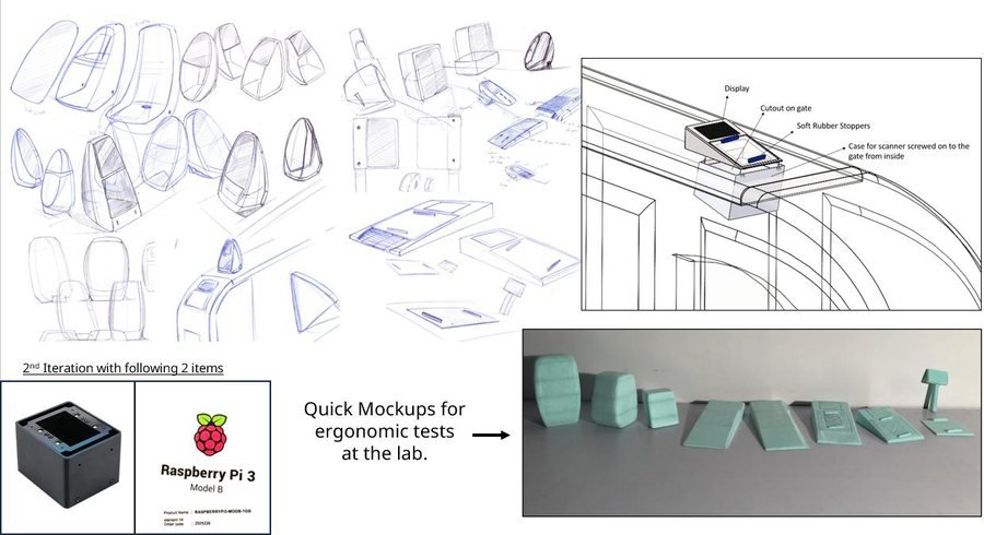 Second iteration — cased scanner narrowed to two items, with quick foam mock-ups for lab ergonomics tests.
