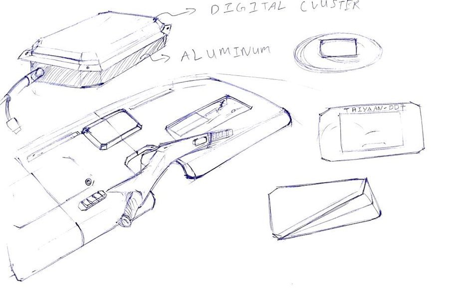 Dashboard sketches, working the switch layout and instrument aperture.