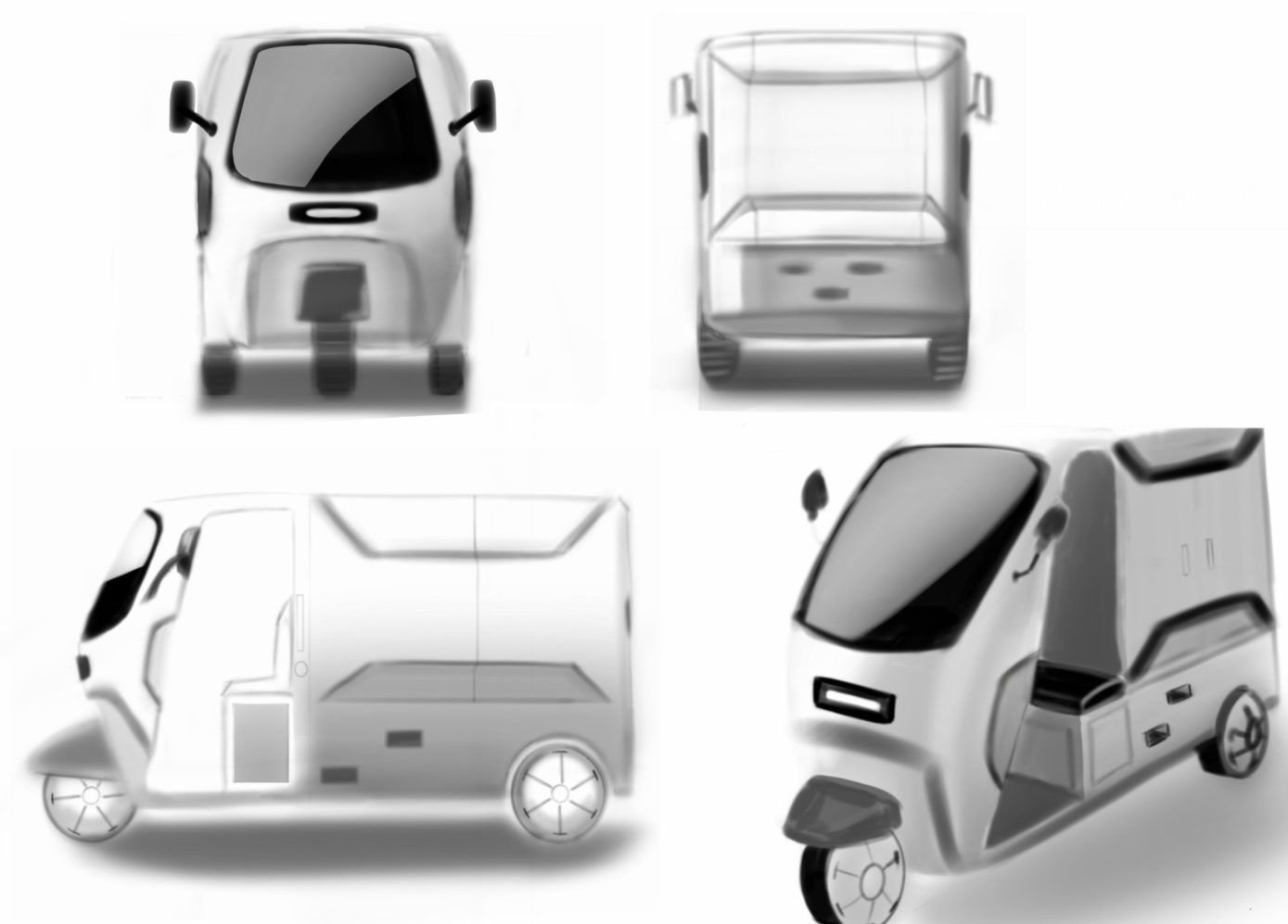 Early white renders of the pod-shaped vehicle from four views