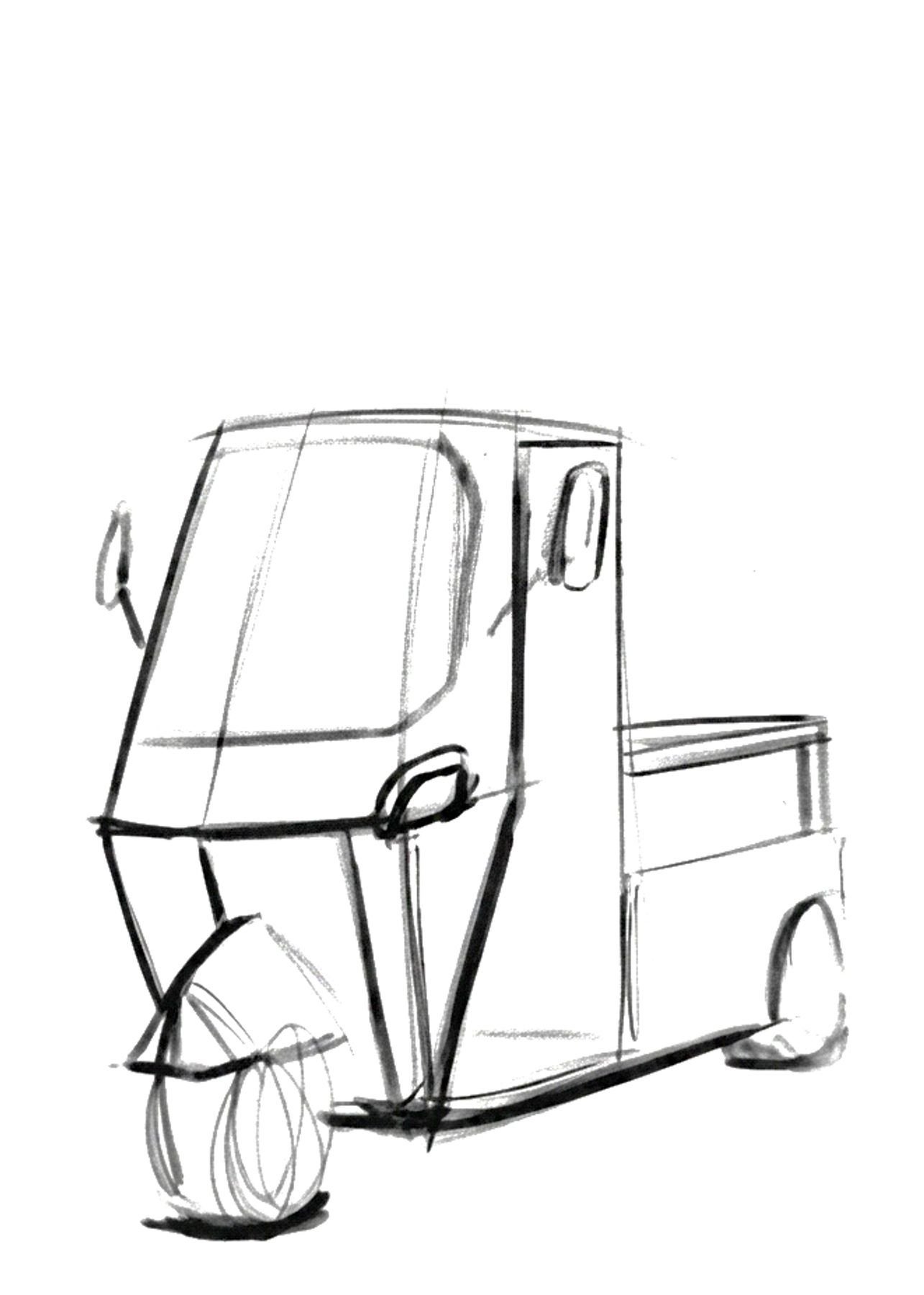 Pen sketch of the cargo three-wheeler with a cab and flatbed