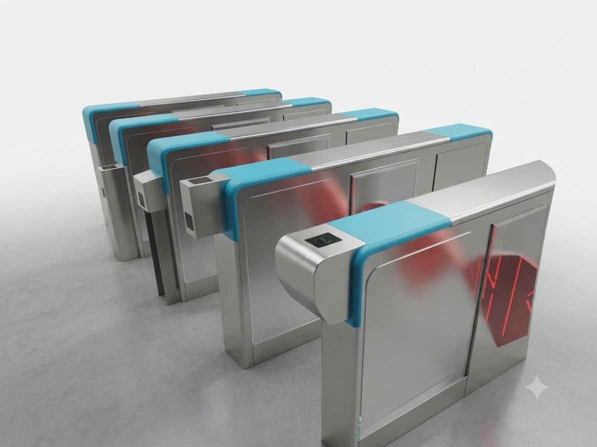 Render of a row of Delhi Metro gates with blue scanner housings and red flaps