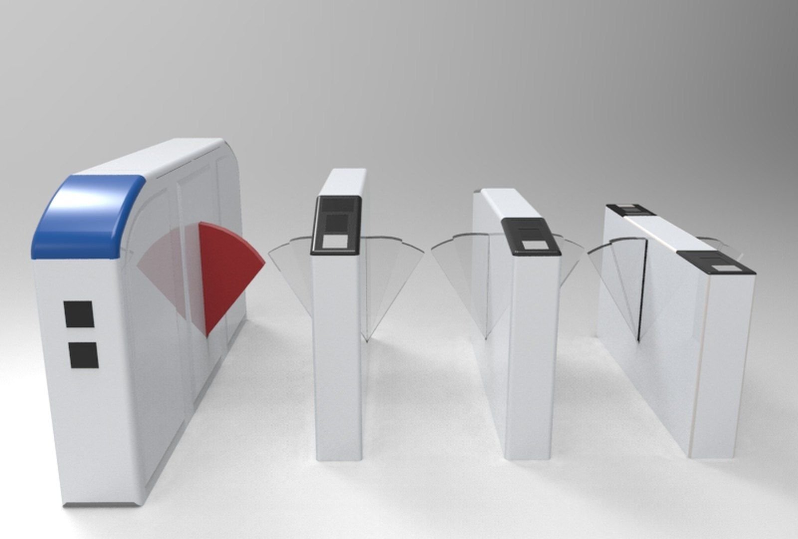 Render comparing the existing blue-topped gate with a row of slim 2-in-1 flap gates