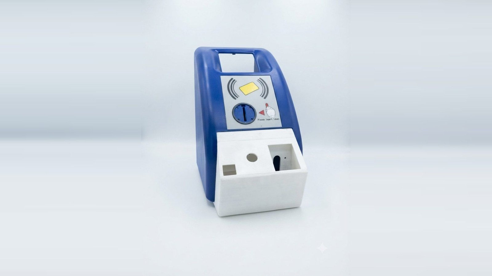 Mumbai Monorail ticketing unit: a blue reader head over a white body with a coin slot and tray