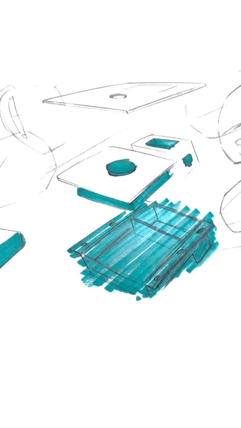Exploded CAD of the card-and-QR module in teal
