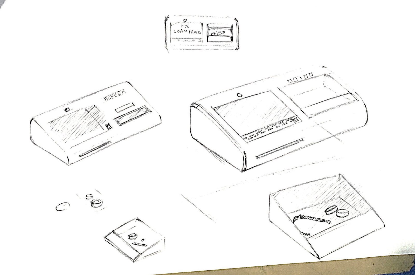 Pen sketches of the desk-height kiosk from several angles
