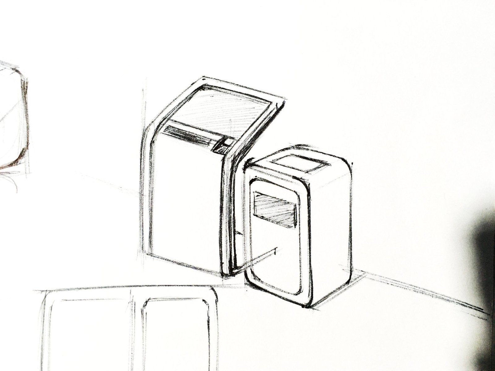 Loose sketch of two boxy kiosk volumes